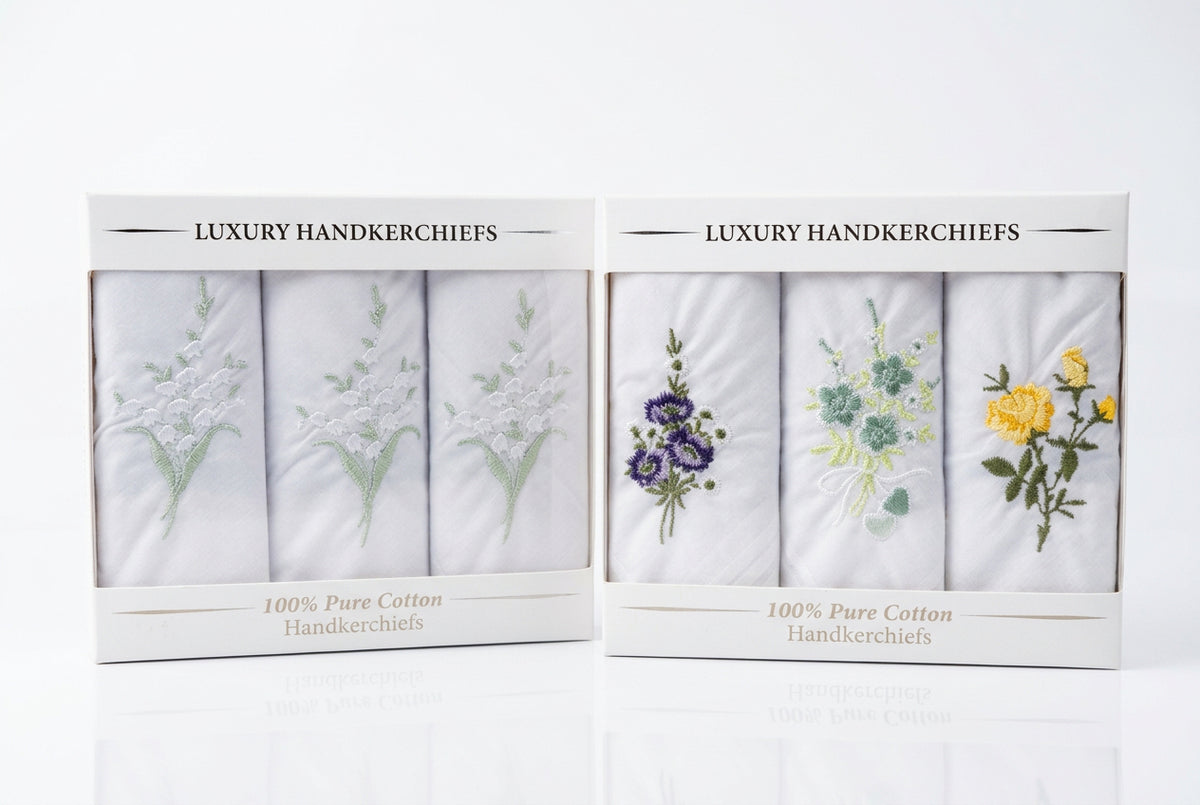 Ladies’ Embroidered Cotton Handkerchiefs – Boxed Pack of 3
